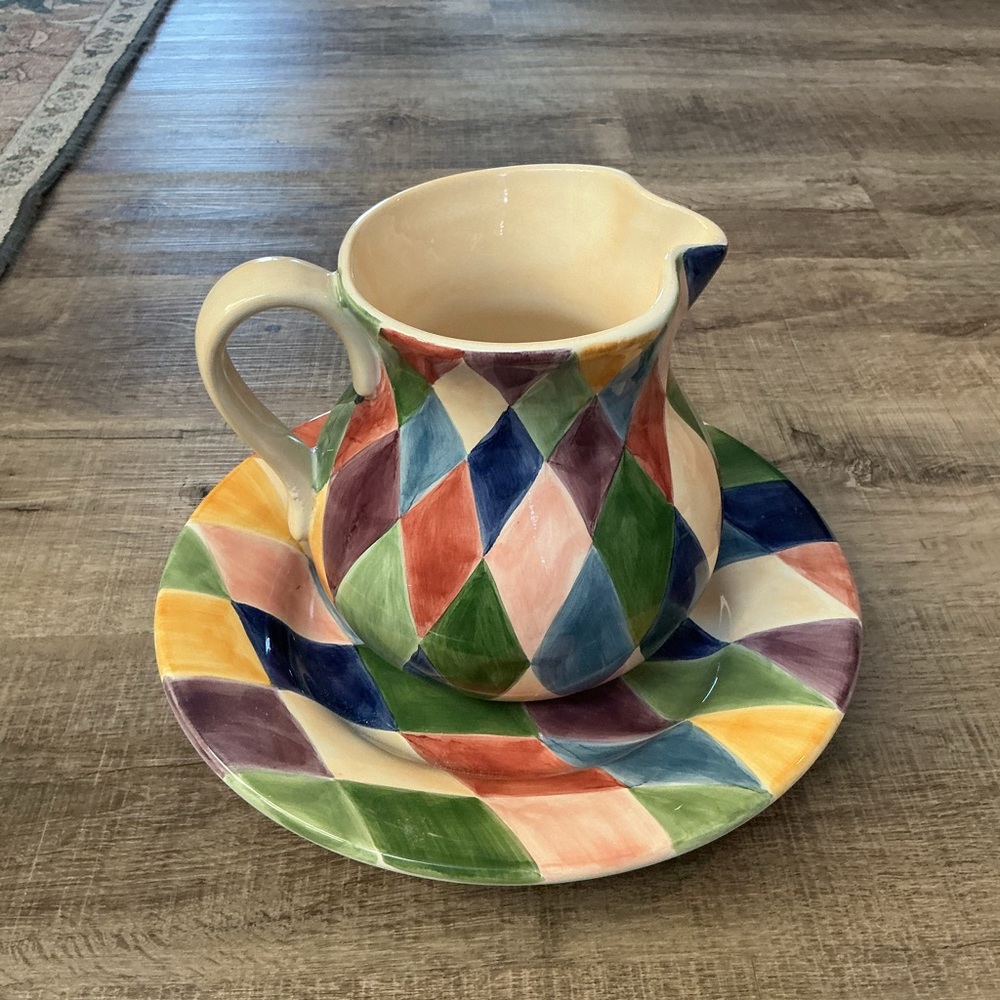 Tabletops Unlimited Carnival PITCHER Harlequin Mardi Gras Handpaint VASE & Basin